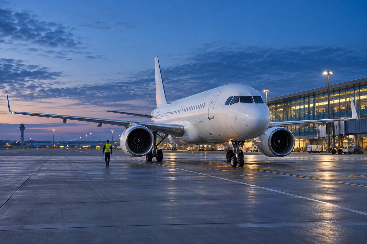 Aeronave comercial estacionada junto a la terminal al amanecer